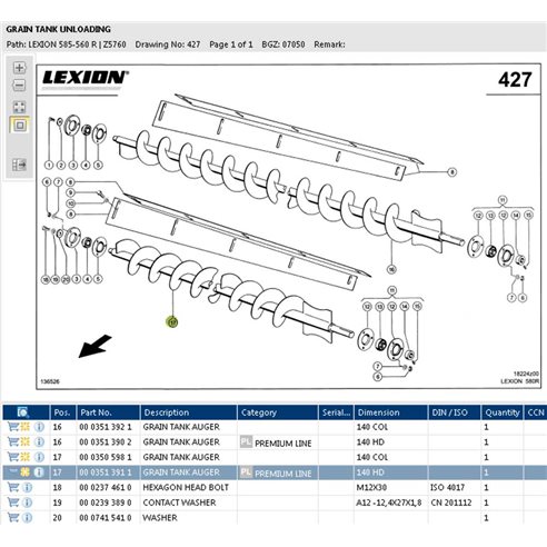 Vis sans fin Élévateur à grains de retour - 619275 adaptable pour Claas  OEM:619275, 619275.0 for Claas, commander sur magasin en ligne