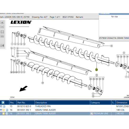 3513902 (Rice) Grain tank auger HD fits Claas Lexion CL-351-390R