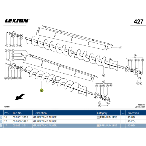 3513911 Grain tank auger HD fits Claas Lexion CL-351-391R