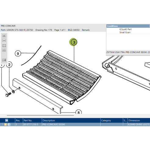 7772160 Concave segment 6,5 x 40 Small grain fits Claas Lexion CL-777-216R